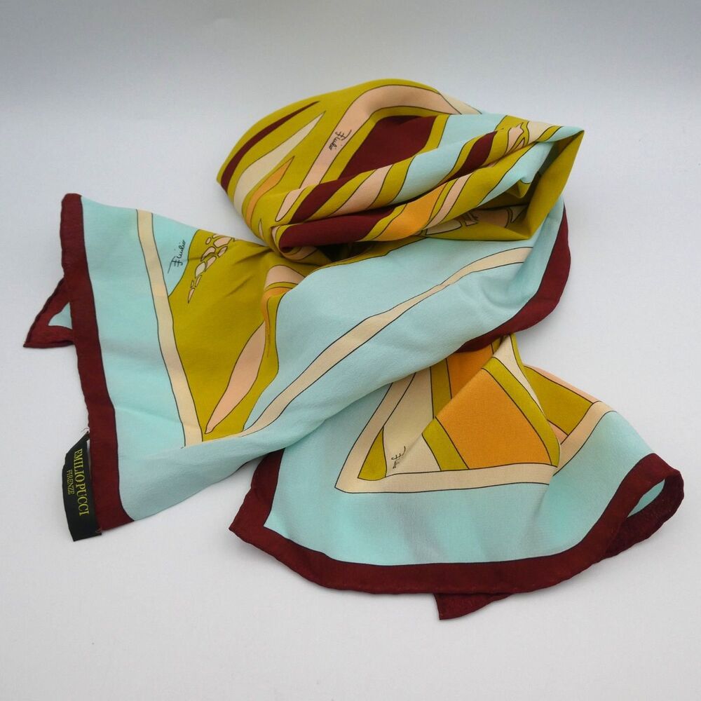 Emilio Pucci Vintage Silk Scarf Oblong Green Blue Brown 59x12.75"